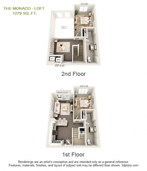 Floor plan for 2 beds, 2 baths, 1279 sqft